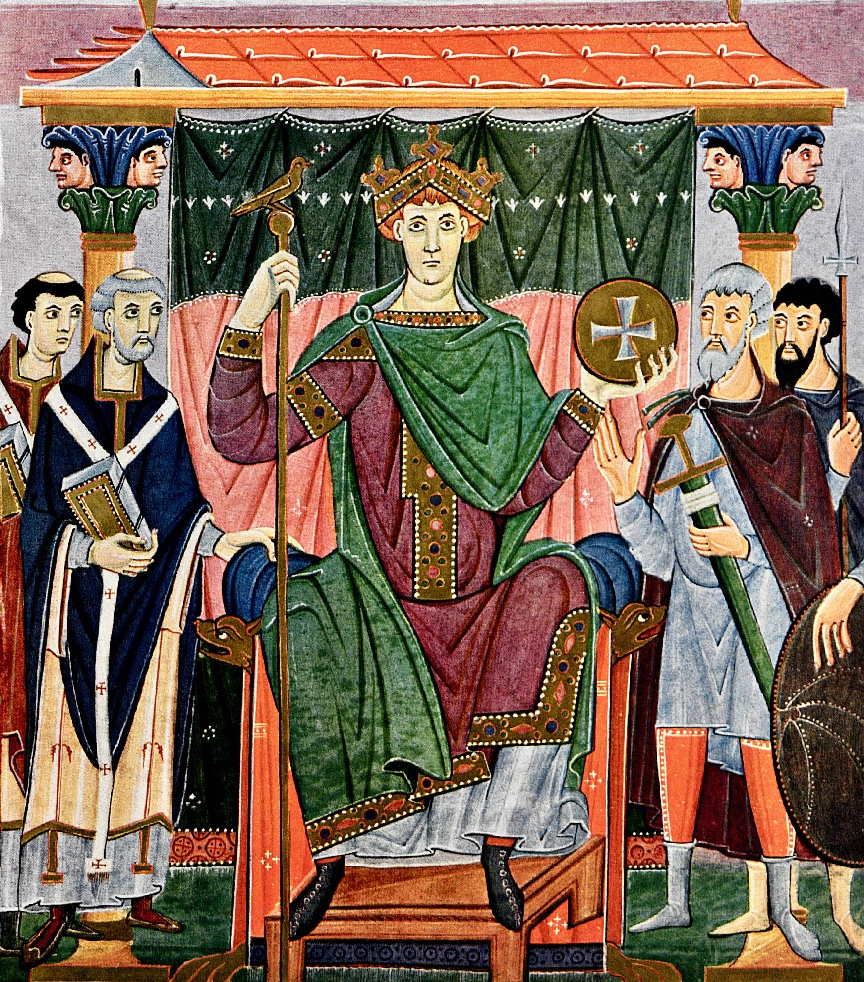 Kaiser Otto III. (ab 983 König, ab 996 Kaiser, gestorben 1002)  in seiner byzantinischen Tracht während der Huldigung durch die Reichsprovinzen. Aus dem Evangeliar Otto III.